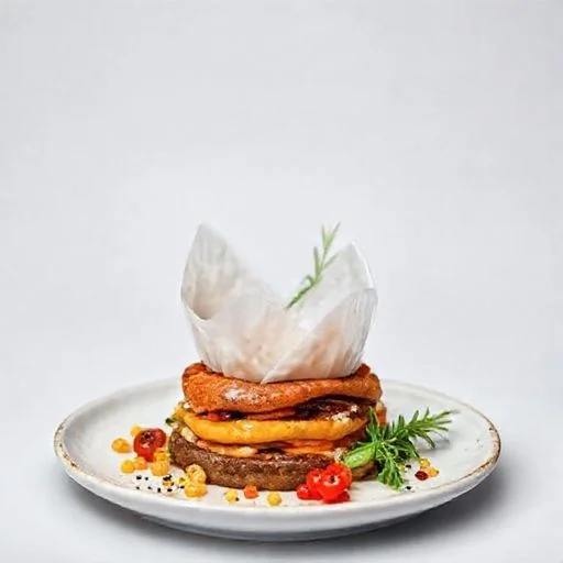 An artful arrangement of colorful, organic vegetables such as purple carrots, romanesco broccoli, and heirloom radishes, lightly roasted and served with a delicate herb emulsion on a stone plate. The focus is on natural colors, textures, and the rustic yet refined presentation. Style: Modern vegetarian, farm-to-table, vibrant.